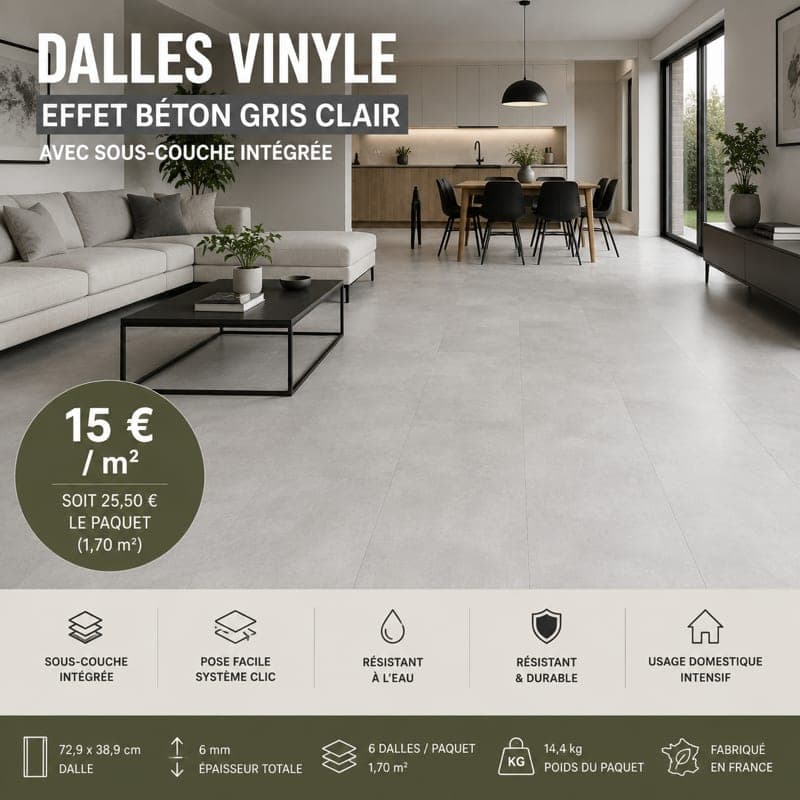 Dalles vinyle effet béton gris clair avec sous-couche