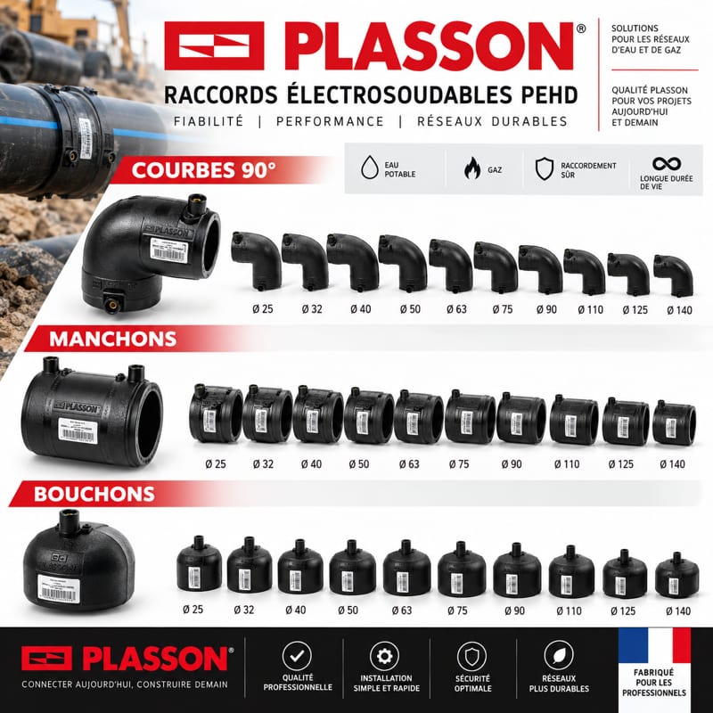 Lot PLASSON électrosoudable PEHD Ø25 à Ø140 – Coudes, manchons et bouchons – Neuf — photo 1