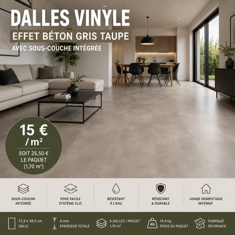 Dalles vinyle effet béton gris taupe avec sous-couche