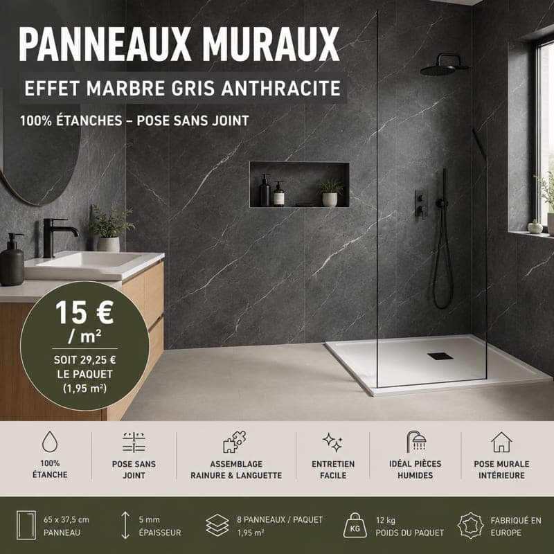 Panneaux muraux étanche effet marbre gris anthracite