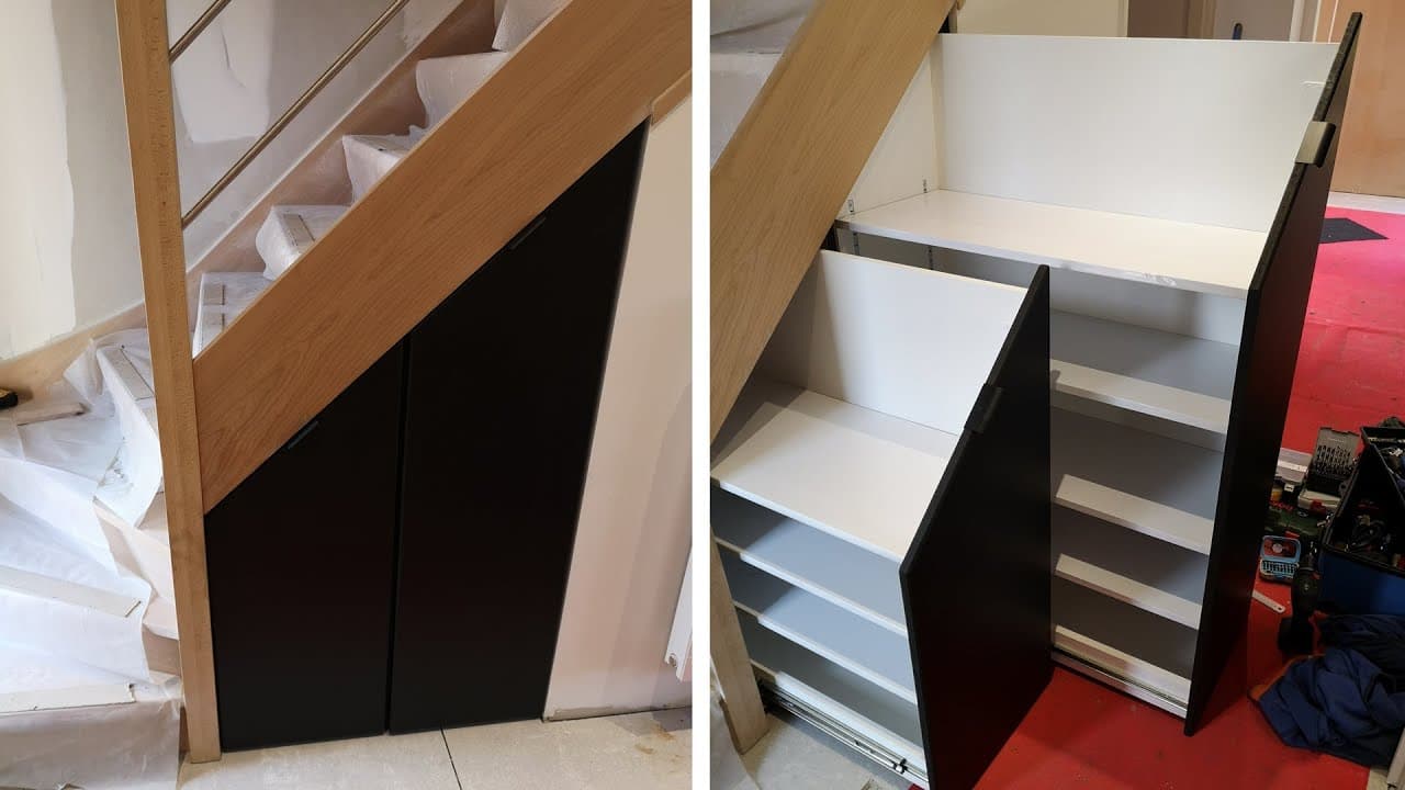 Miniature — Fabriquer un meuble à chaussures sous escalier coulissant et sur-mesure