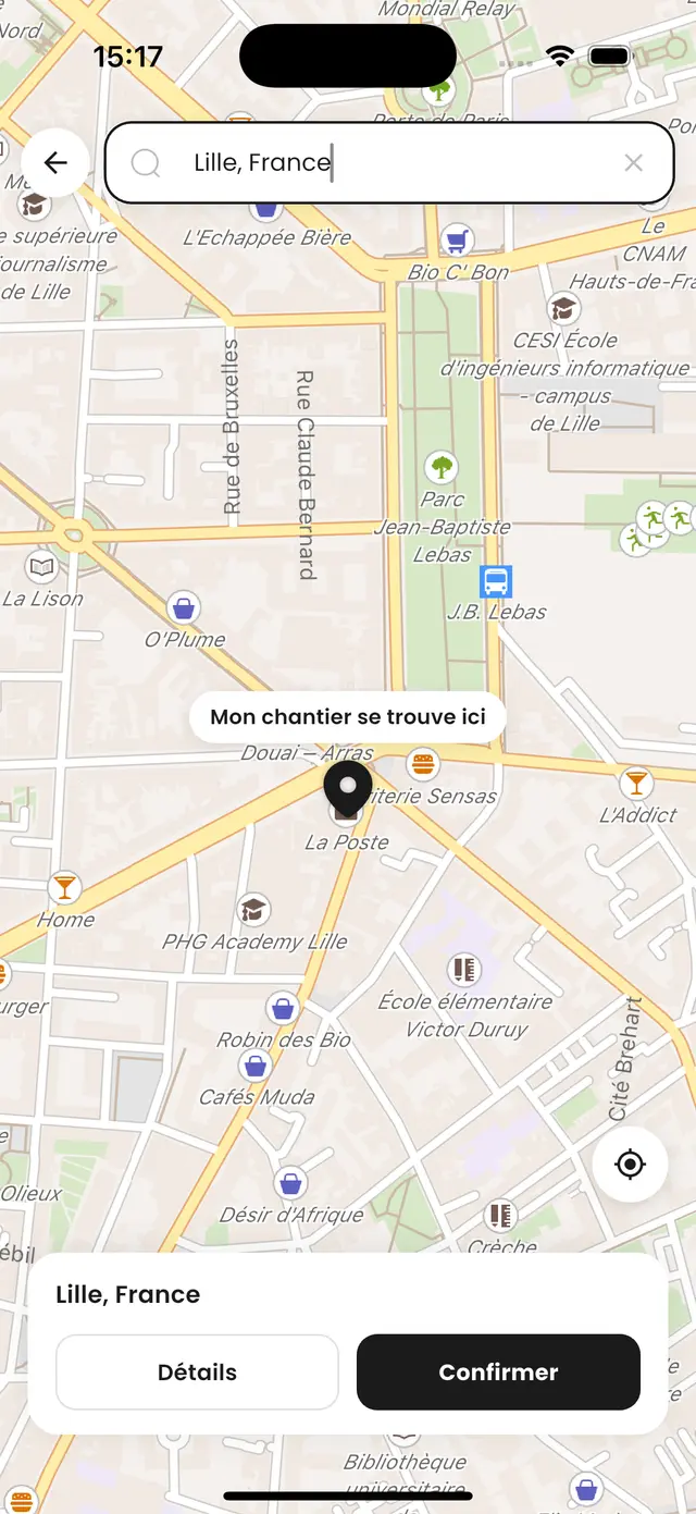 Capture de l’application BRIKER : choix de l’adresse du chantier sur la carte de Lille