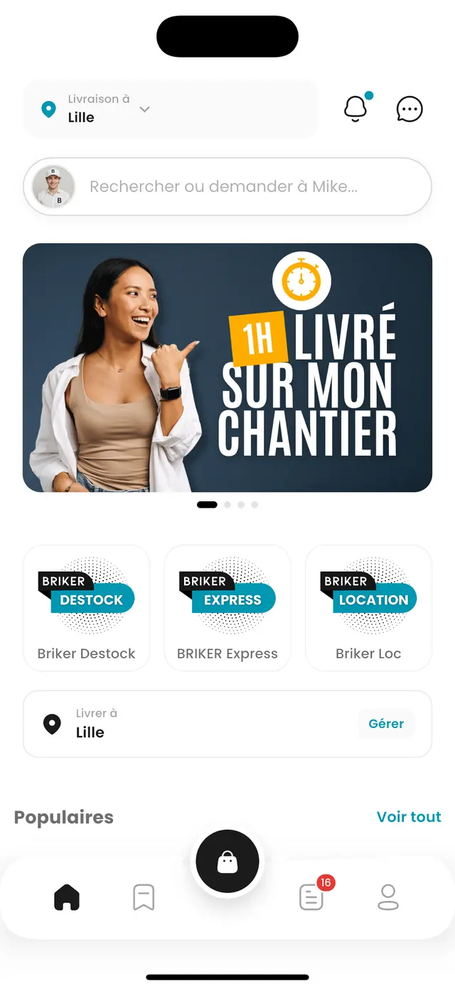 Capture de l’application BRIKER : accueil et accès à Destock, Express et Location