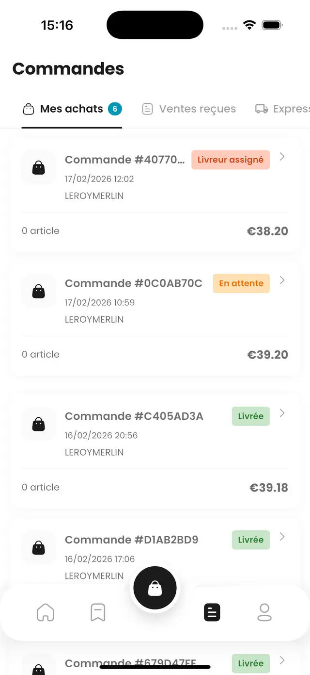 Capture de l’application BRIKER : liste des commandes et leurs statuts de livraison